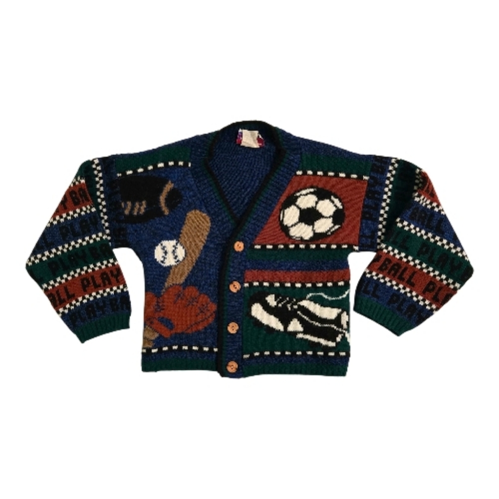 Vintage 1990s JJ Poole Colorful Sports-Themed Cardigan Sweater